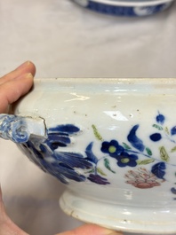 A Chinese blue and white jardini&egrave;re with stand, a 'Chilong' jar and a famille rose covered tureen, Guanyao 官窑 mark, 19th C.