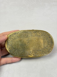 A group of four copper and brass engraved tobacco boxes, The Netherlands, 18th C.