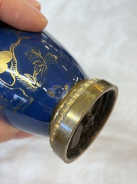A Chinese powder-blue-ground gilt-decorated spittoon and two gilt-bronze-mounted vases, 18th C.