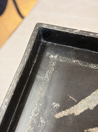 A rare large square Chinese laque burgaut&eacute; tray depicting a mountainous garden, Kangxi