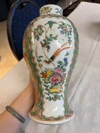 A pair of Chinese Canton famille rose hat stands, a covered vase, a vase and a bowl, 19th C.