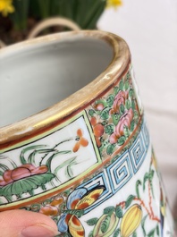 A pair of Chinese Canton famille rose hat stands, a covered vase, a vase and a bowl, 19th C.