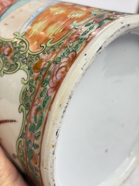 A pair of Chinese Canton famille rose hat stands, a covered vase, a vase and a bowl, 19th C.