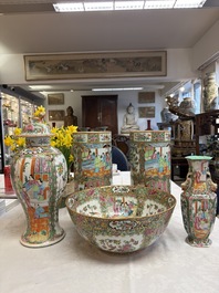 A pair of Chinese Canton famille rose hat stands, a covered vase, a vase and a bowl, 19th C.