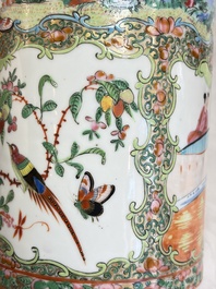 A pair of Chinese Canton famille rose hat stands, a covered vase, a vase and a bowl, 19th C.