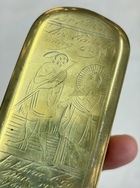 A group of four copper and brass engraved tobacco boxes, The Netherlands, 18th C.
