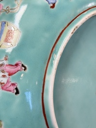 A Chinese famille rose turquoise-ground 'Playing Boys' plate, Qianlong mark, Republic