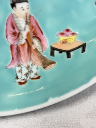 A Chinese famille rose turquoise-ground 'Playing Boys' plate, Qianlong mark, Republic