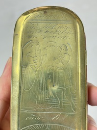 A group of four copper and brass engraved tobacco boxes, The Netherlands, 18th C.