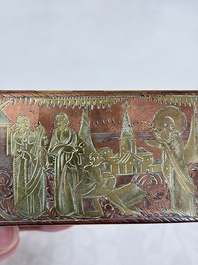 A group of four copper and brass engraved tobacco boxes, The Netherlands, 18th C.
