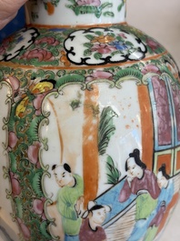 A pair of Chinese Canton famille rose hat stands, a covered vase, a vase and a bowl, 19th C.