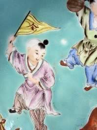 A Chinese famille rose turquoise-ground 'Playing Boys' plate, Qianlong mark, Republic