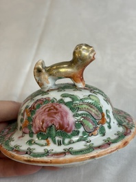 A pair of Chinese Canton famille rose hat stands, a covered vase, a vase and a bowl, 19th C.