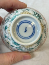 Four Chinese famille verte cups and seven saucers, 19th C.