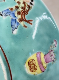A Chinese famille rose turquoise-ground 'Playing Boys' plate, Qianlong mark, Republic