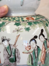 A Chinese famille rose spittoon, a famille verte covered double-gourd vase and a gilt-decorated coral-red-ground hat stand, Daoguang mark, 19th C.