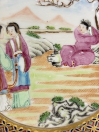 A pair of Chinese Canton famille rose cups and saucers with figural design, Daoguang