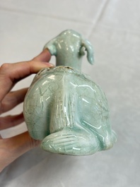 A pair of Chinese polychrome lions, a celadon-glazed goat, a yellow-glazed bowl and a sancai-glazed conical bowl, Chenghua mark, 19/20th C.