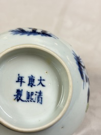Three Chinese enamelled blue and white covered bowls on stands and a famille rose vase, Kangxi and Tongzhi mark, 19/20th C.