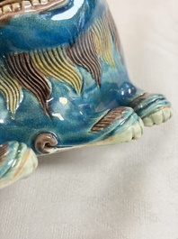 A pair of Chinese polychrome lions, a celadon-glazed goat, a yellow-glazed bowl and a sancai-glazed conical bowl, Chenghua mark, 19/20th C.