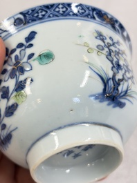Three Chinese enamelled blue and white covered bowls on stands and a famille rose vase, Kangxi and Tongzhi mark, 19/20th C.