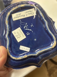 An extremely rare Dutch Delft 'Persian Blue' shield-shaped condiment dish, late 17th C.