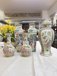 Five Chinese Canton famille rose vases with narrative design, 19th C.