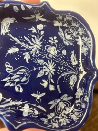 An extremely rare Dutch Delft 'Persian Blue' shield-shaped condiment dish, late 17th C.