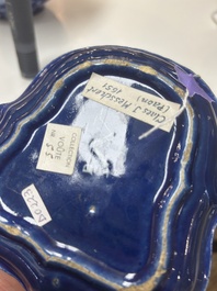 An extremely rare Dutch Delft 'Persian Blue' shield-shaped condiment dish, late 17th C.