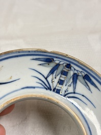 Three Chinese enamelled blue and white covered bowls on stands and a famille rose vase, Kangxi and Tongzhi mark, 19/20th C.