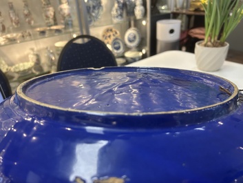A rare large Nevers white-splashed blue-ground '&agrave; la bougie' dish, France, late 17th C.