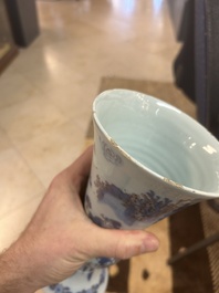 An extremely rare blue, white and manganese Dutch Delft chinoiserie beaker vase after a silver model, late 17th C.