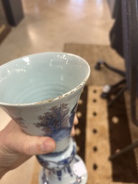 An extremely rare blue, white and manganese Dutch Delft chinoiserie beaker vase after a silver model, late 17th C.