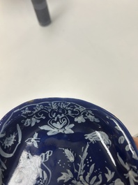 An extremely rare Dutch Delft 'Persian Blue' shield-shaped condiment dish, late 17th C.
