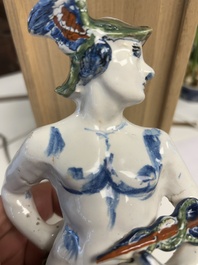 An important pair of polychrome Dutch Delft cashmere palette figures of Diana and Mercury, dated 172(?)