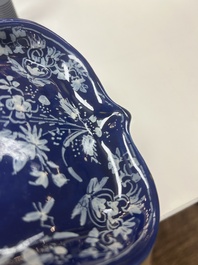 An extremely rare Dutch Delft 'Persian Blue' shield-shaped condiment dish, late 17th C.