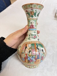 Five Chinese Canton famille rose vases with narrative design, 19th C.