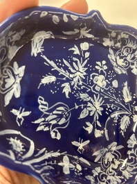 An extremely rare Dutch Delft 'Persian Blue' shield-shaped condiment dish, late 17th C.