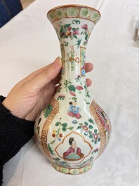 Five Chinese Canton famille rose vases with narrative design, 19th C.