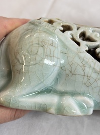 A pair of Chinese polychrome lions, a celadon-glazed goat, a yellow-glazed bowl and a sancai-glazed conical bowl, Chenghua mark, 19/20th C.