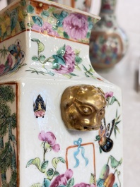 Five Chinese Canton famille rose vases with narrative design, 19th C.