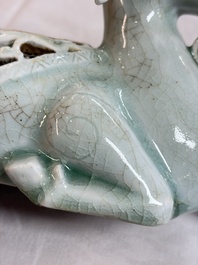 A pair of Chinese polychrome lions, a celadon-glazed goat, a yellow-glazed bowl and a sancai-glazed conical bowl, Chenghua mark, 19/20th C.