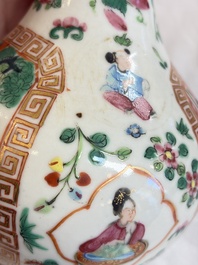 Five Chinese Canton famille rose vases with narrative design, 19th C.