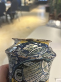 A polychrome Italian maiolica 'a trofei' albarello, inscribed V. APOSTL, Deruta, late 16th C.