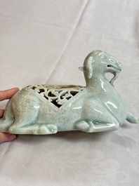 A pair of Chinese polychrome lions, a celadon-glazed goat, a yellow-glazed bowl and a sancai-glazed conical bowl, Chenghua mark, 19/20th C.