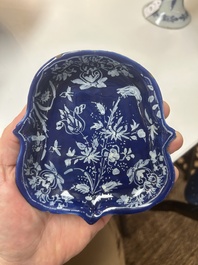 An extremely rare Dutch Delft 'Persian Blue' shield-shaped condiment dish, late 17th C.