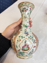 Five Chinese Canton famille rose vases with narrative design, 19th C.