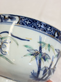 Three Chinese enamelled blue and white covered bowls on stands and a famille rose vase, Kangxi and Tongzhi mark, 19/20th C.