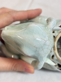 A pair of Chinese polychrome lions, a celadon-glazed goat, a yellow-glazed bowl and a sancai-glazed conical bowl, Chenghua mark, 19/20th C.