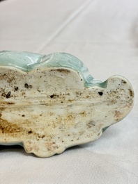 A pair of Chinese polychrome lions, a celadon-glazed goat, a yellow-glazed bowl and a sancai-glazed conical bowl, Chenghua mark, 19/20th C.